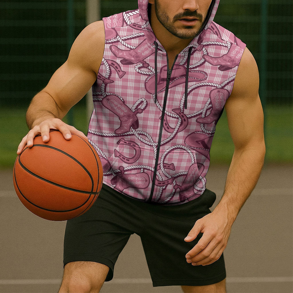 Pink Hawaii Palaka Cowboy Sleeveless Zip Hoodie Hawaiian Paniolo Festival Spirit