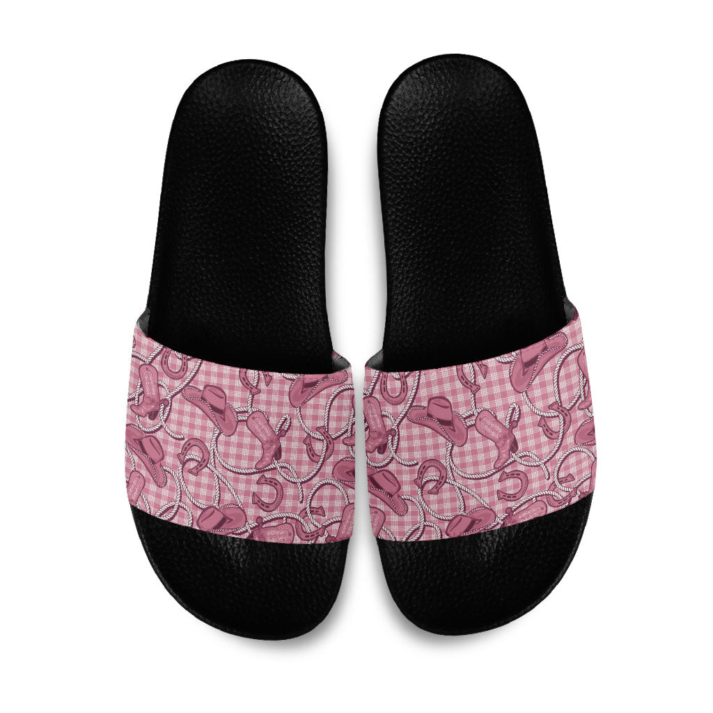 Pink Hawaii Palaka Cowboy Slide Sandals Hawaiian Paniolo Festival Spirit