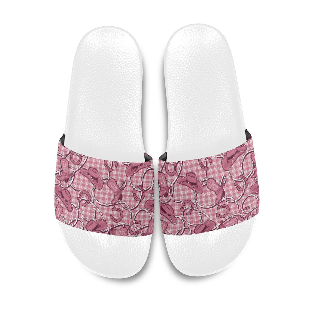 Pink Hawaii Palaka Cowboy Slide Sandals Hawaiian Paniolo Festival Spirit