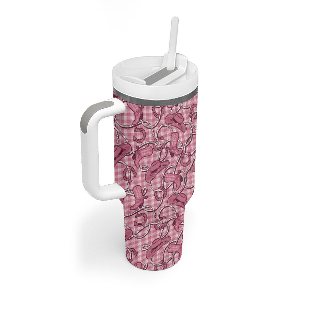 Pink Hawaii Palaka Cowboy Tumbler With Handle Hawaiian Paniolo Festival Spirit