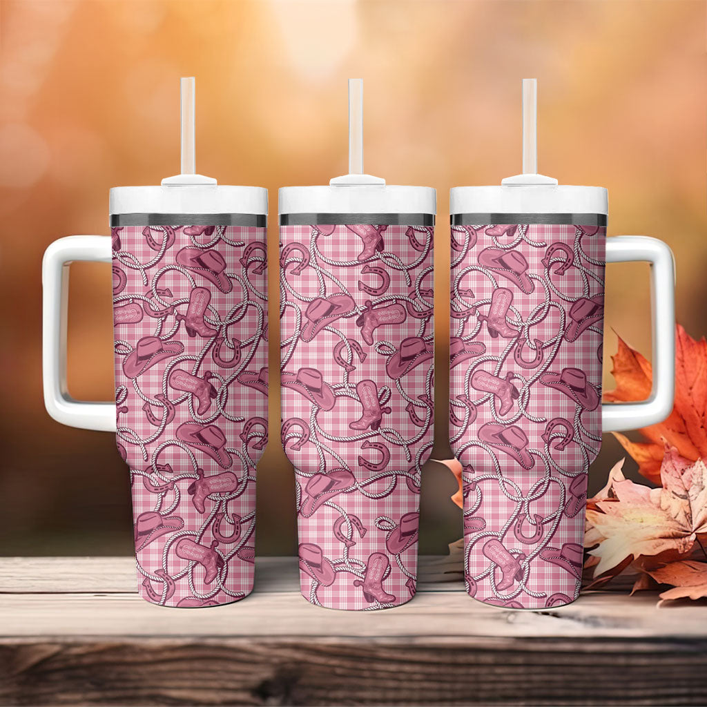Pink Hawaii Palaka Cowboy Tumbler With Handle Hawaiian Paniolo Festival Spirit