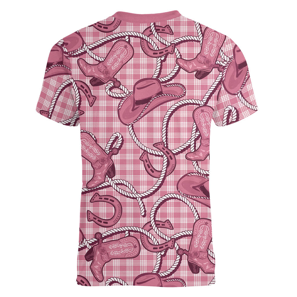 Pink Hawaii Palaka Cowboy Women V-Neck T-Shirt Hawaiian Paniolo Festival Spirit