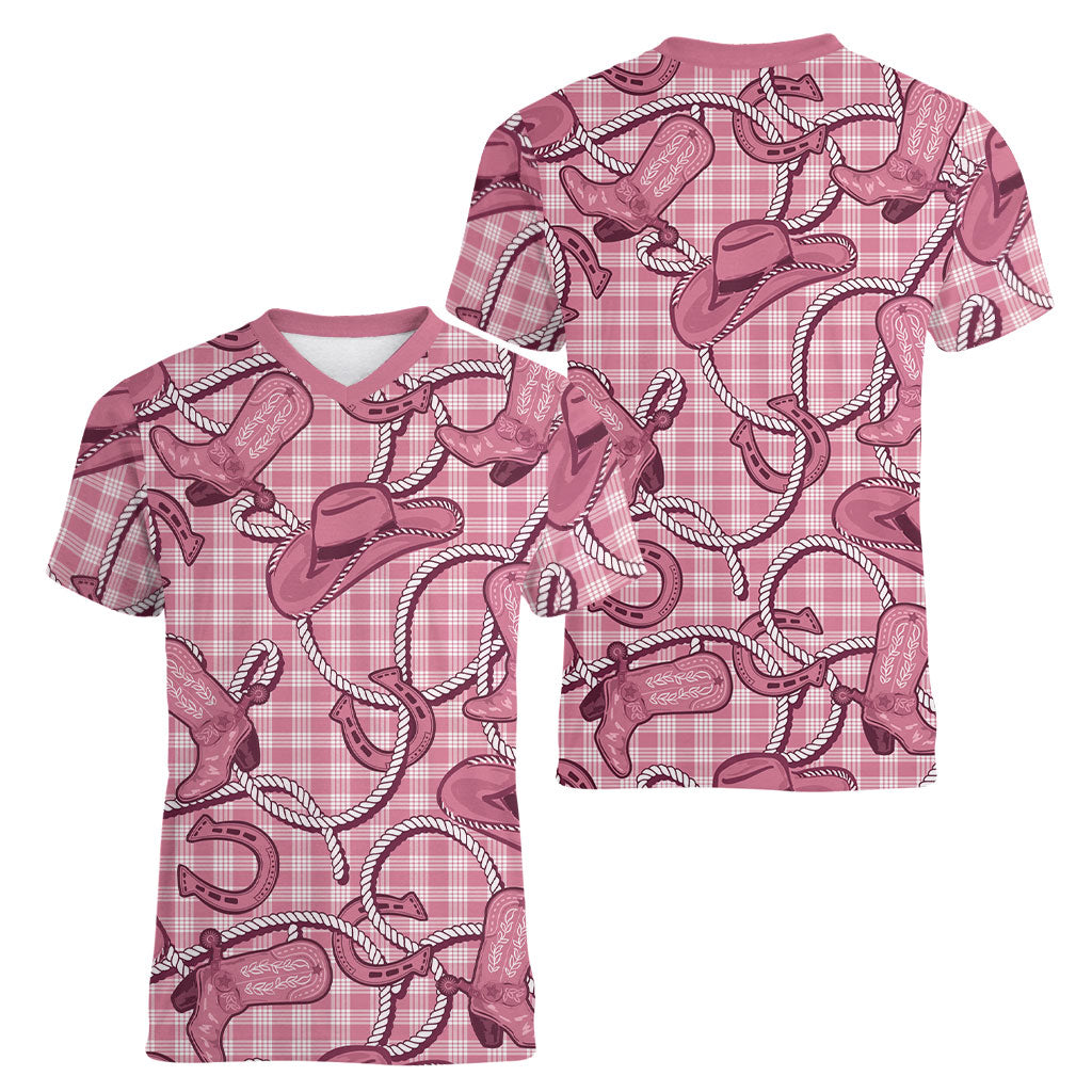 Pink Hawaii Palaka Cowboy Women V-Neck T-Shirt Hawaiian Paniolo Festival Spirit