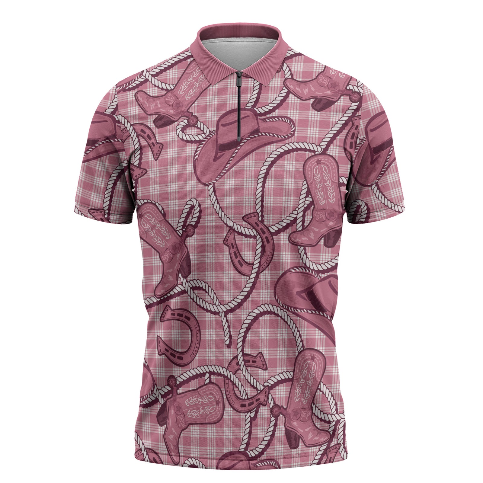 Pink Hawaii Palaka Cowboy Zipper Polo Shirt Hawaiian Paniolo Festival Spirit LT19 Pink - Polynesian Pride
