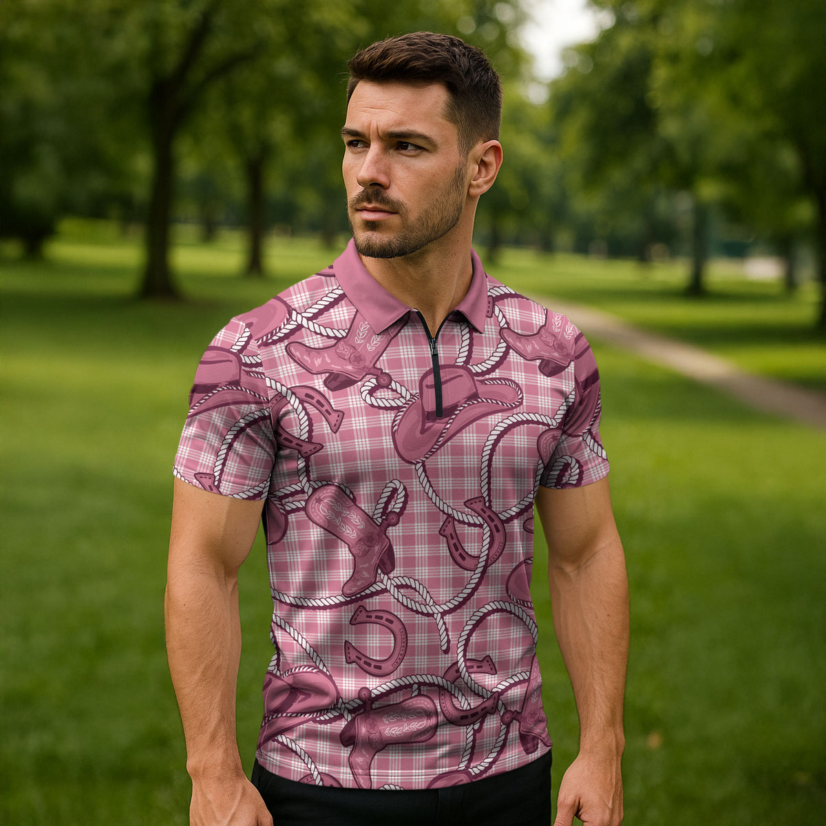 Pink Hawaii Palaka Cowboy Zipper Polo Shirt Hawaiian Paniolo Festival Spirit