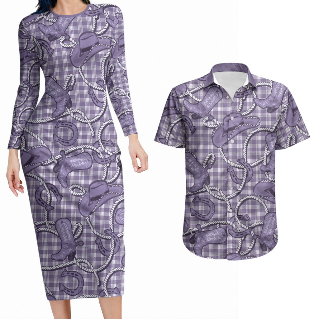 Purple Hawaii Palaka Cowboy Couples Matching Long Sleeve Bodycon Dress and Hawaiian Shirt Hawaiian Paniolo Festival Spirit