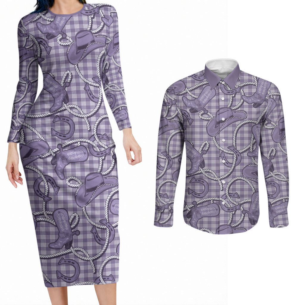 Purple Hawaii Palaka Cowboy Couples Matching Long Sleeve Bodycon Dress and Long Sleeve Button Shirt Hawaiian Paniolo Festival Spirit