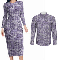 Purple Hawaii Palaka Cowboy Couples Matching Long Sleeve Bodycon Dress and Long Sleeve Button Shirt Hawaiian Paniolo Festival Spirit