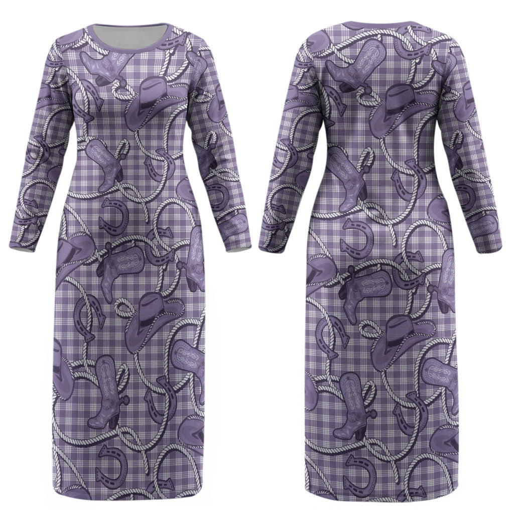 Purple Hawaii Palaka Cowboy Couples Matching Long Sleeve Bodycon Dress and Long Sleeve Button Shirt Hawaiian Paniolo Festival Spirit