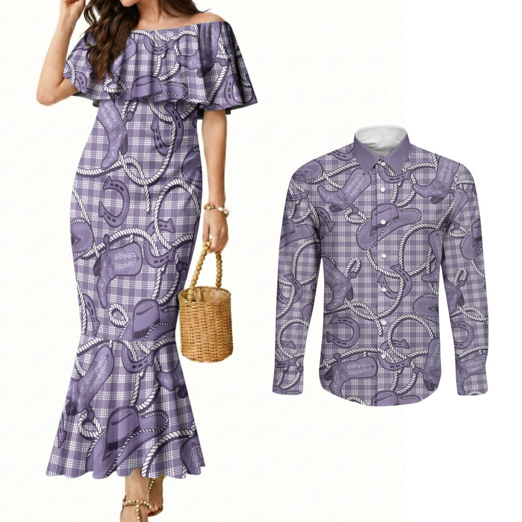 Purple Hawaii Palaka Cowboy Couples Matching Mermaid Dress and Long Sleeve Button Shirt Hawaiian Paniolo Festival Spirit