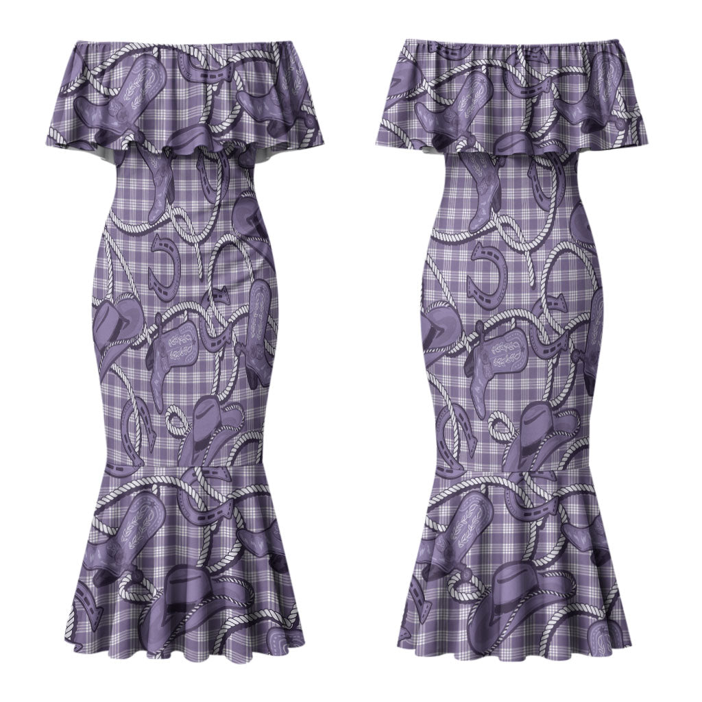 Purple Hawaii Palaka Cowboy Couples Matching Mermaid Dress and Long Sleeve Button Shirt Hawaiian Paniolo Festival Spirit