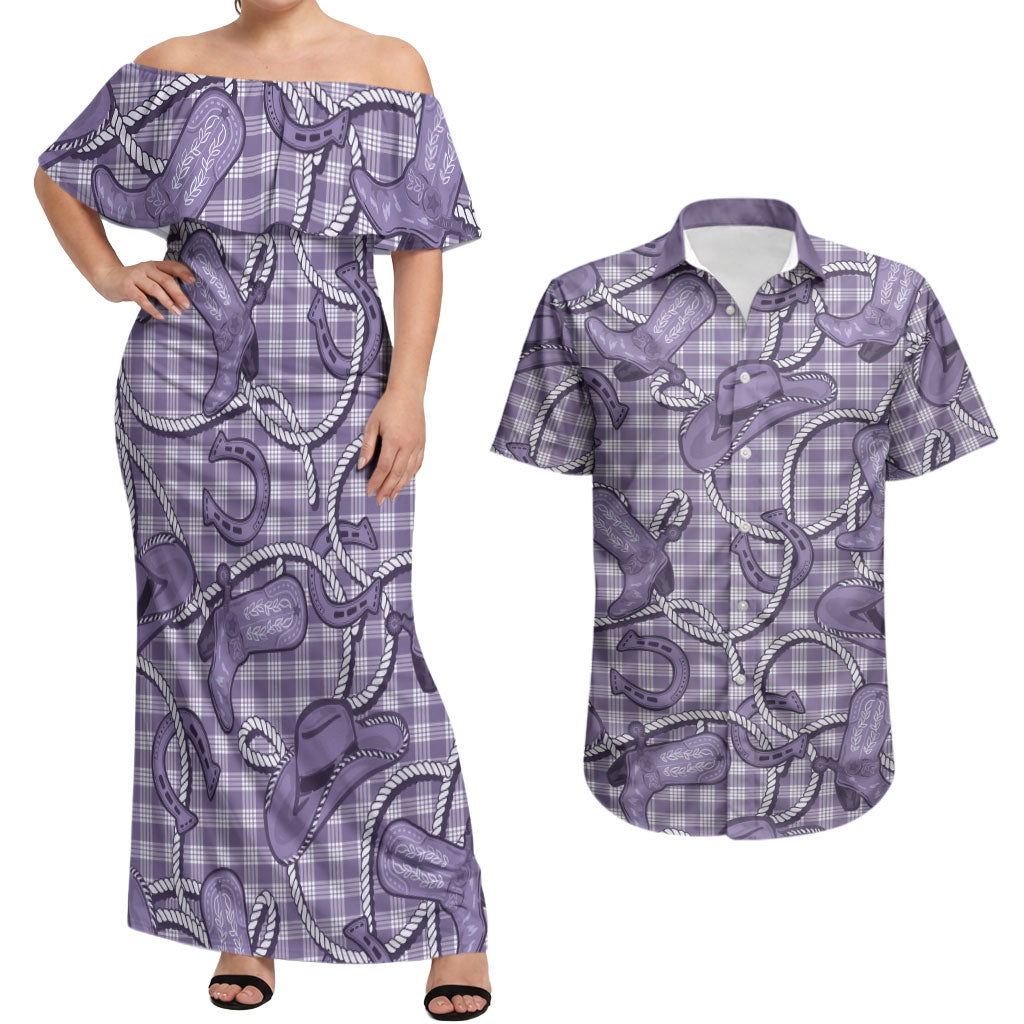 Purple Hawaii Palaka Cowboy Couples Matching Off Shoulder Maxi Dress and Hawaiian Shirt Hawaiian Paniolo Festival Spirit