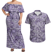 Purple Hawaii Palaka Cowboy Couples Matching Off Shoulder Maxi Dress and Hawaiian Shirt Hawaiian Paniolo Festival Spirit