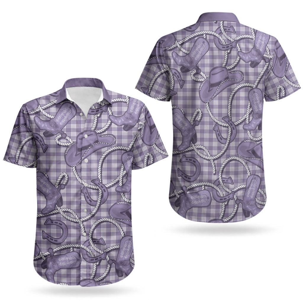 Purple Hawaii Palaka Cowboy Couples Matching Off Shoulder Maxi Dress and Hawaiian Shirt Hawaiian Paniolo Festival Spirit