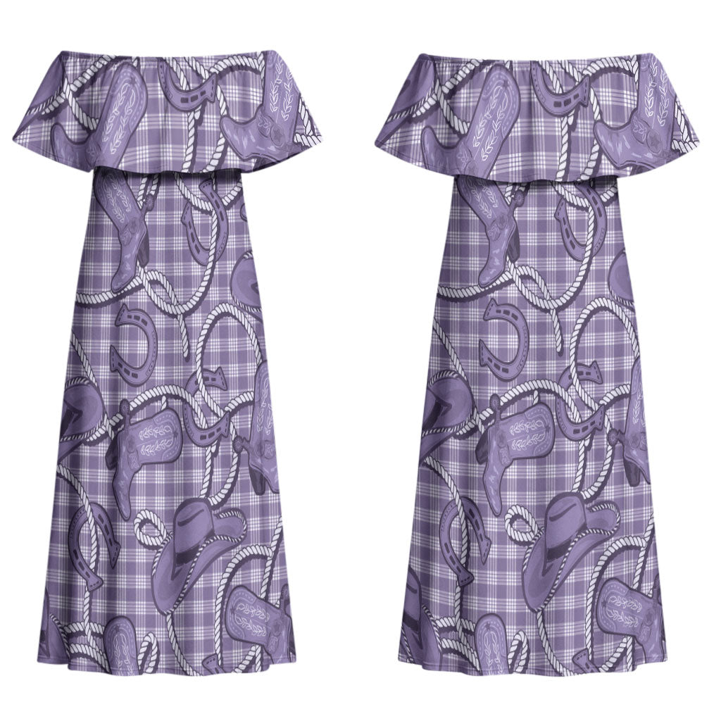 Purple Hawaii Palaka Cowboy Couples Matching Off Shoulder Maxi Dress and Hawaiian Shirt Hawaiian Paniolo Festival Spirit