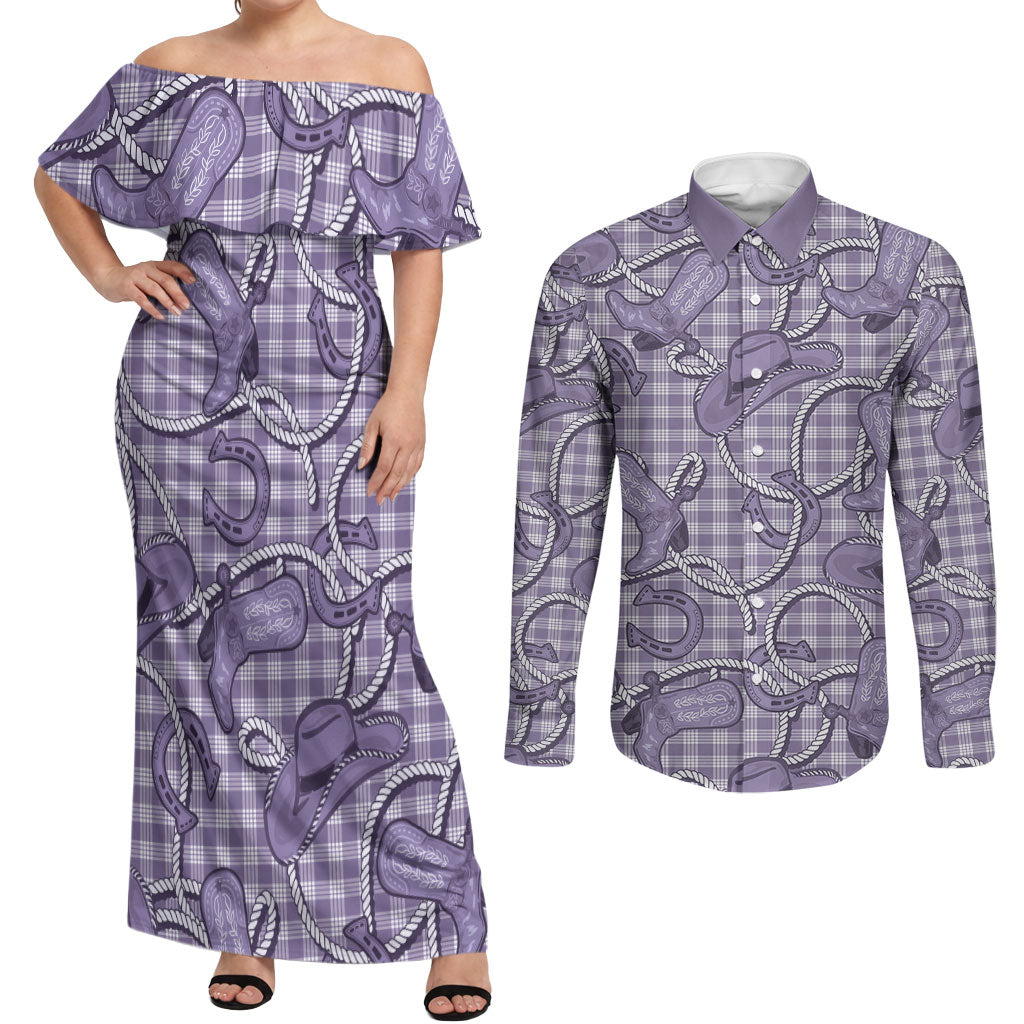 Purple Hawaii Palaka Cowboy Couples Matching Off Shoulder Maxi Dress and Long Sleeve Button Shirt Hawaiian Paniolo Festival Spirit