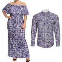 Purple Hawaii Palaka Cowboy Couples Matching Off Shoulder Maxi Dress and Long Sleeve Button Shirt Hawaiian Paniolo Festival Spirit