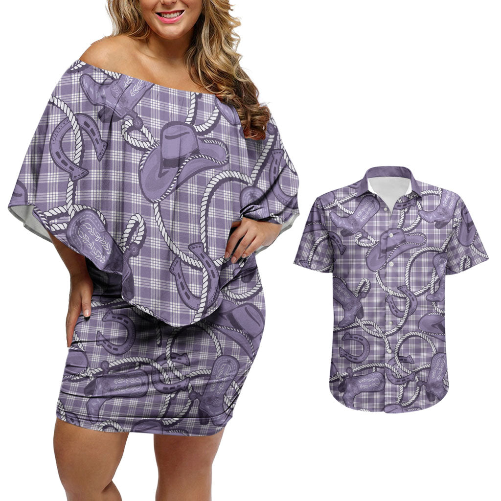 Purple Hawaii Palaka Cowboy Couples Matching Off Shoulder Short Dress and Hawaiian Shirt Hawaiian Paniolo Festival Spirit