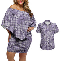 Purple Hawaii Palaka Cowboy Couples Matching Off Shoulder Short Dress and Hawaiian Shirt Hawaiian Paniolo Festival Spirit