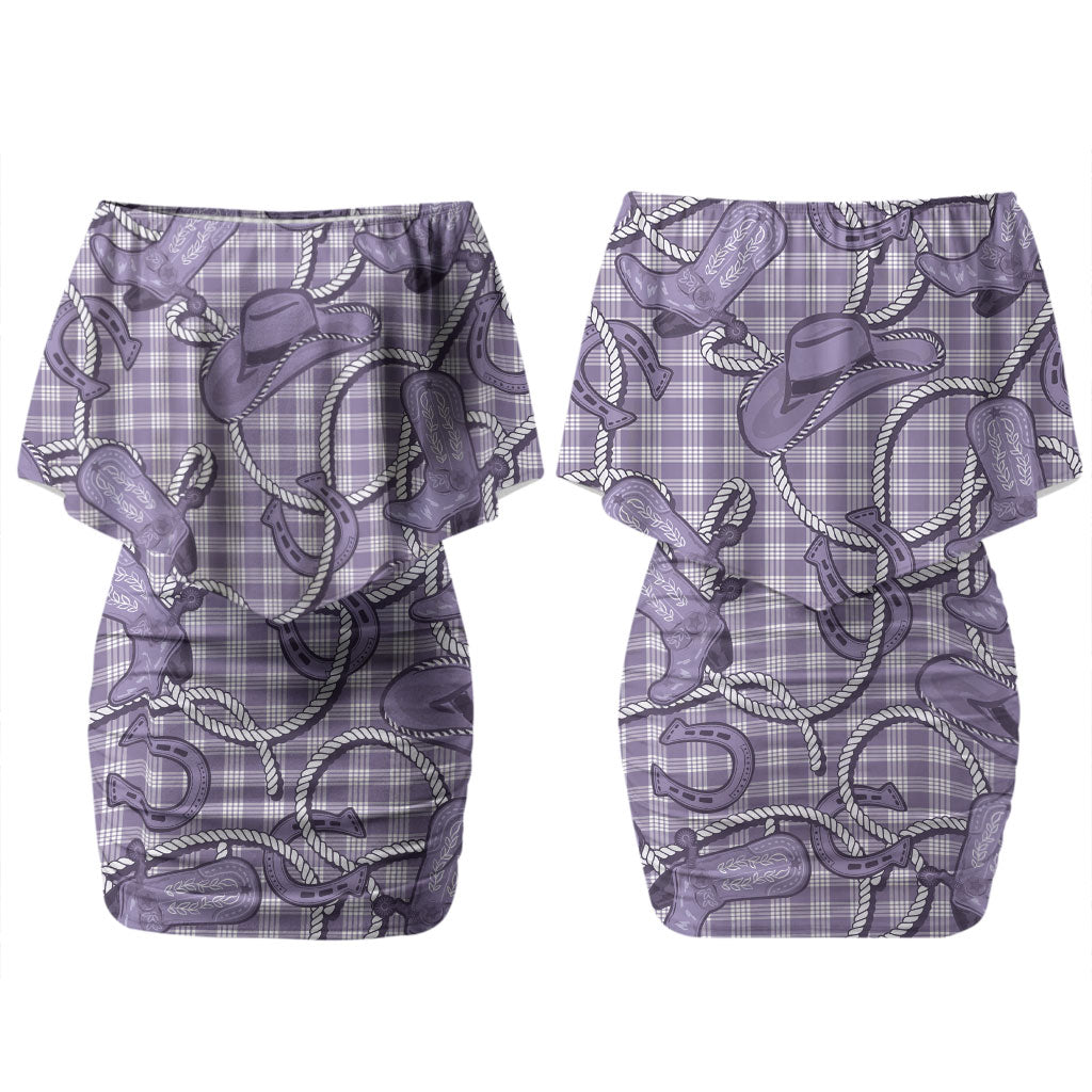 Purple Hawaii Palaka Cowboy Couples Matching Off Shoulder Short Dress and Hawaiian Shirt Hawaiian Paniolo Festival Spirit