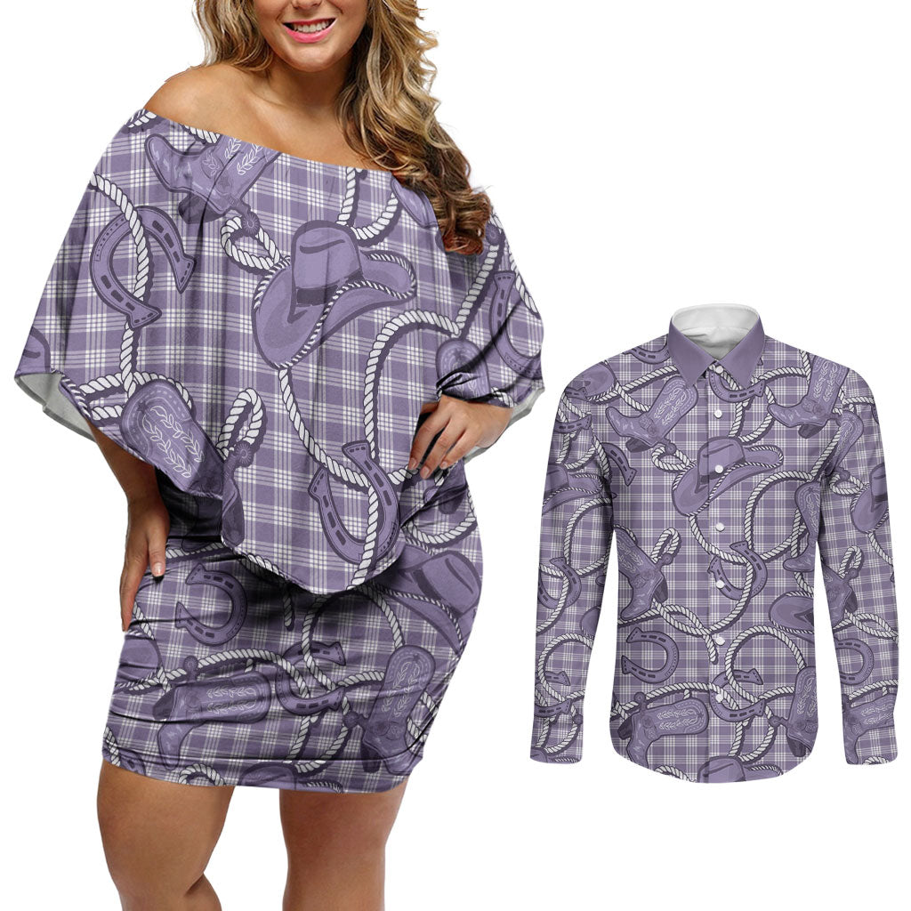 Purple Hawaii Palaka Cowboy Couples Matching Off Shoulder Short Dress and Long Sleeve Button Shirt Hawaiian Paniolo Festival Spirit