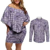 Purple Hawaii Palaka Cowboy Couples Matching Off Shoulder Short Dress and Long Sleeve Button Shirt Hawaiian Paniolo Festival Spirit