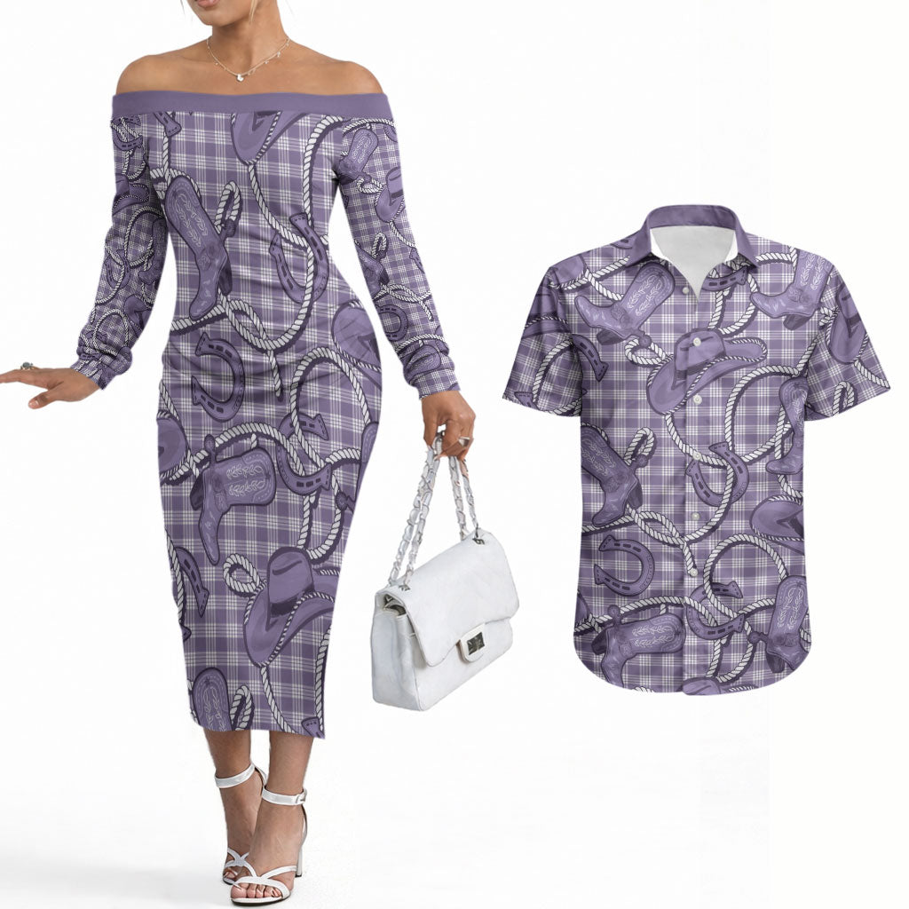 Purple Hawaii Palaka Cowboy Couples Matching Off The Shoulder Long Sleeve Dress and Hawaiian Shirt Hawaiian Paniolo Festival Spirit