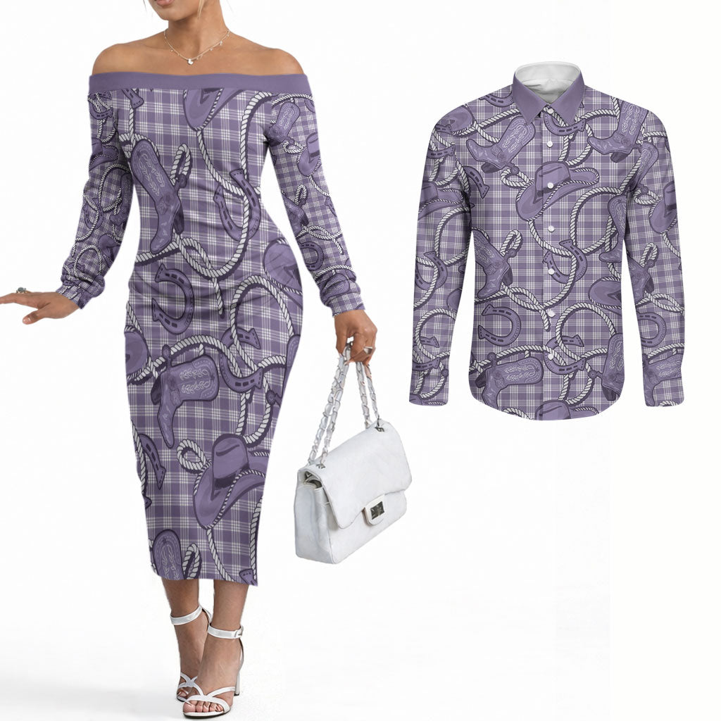 Purple Hawaii Palaka Cowboy Couples Matching Off The Shoulder Long Sleeve Dress and Long Sleeve Button Shirt Hawaiian Paniolo Festival Spirit