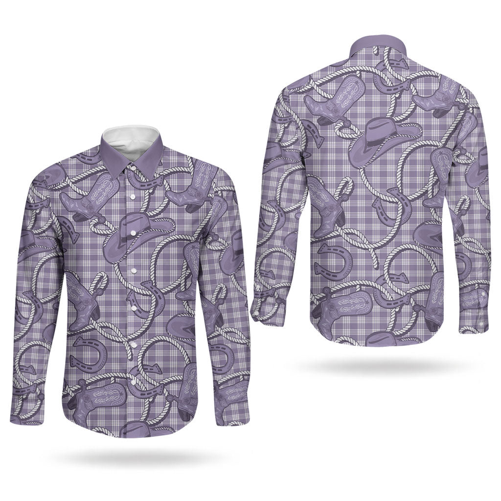 Purple Hawaii Palaka Cowboy Couples Matching Off The Shoulder Long Sleeve Dress and Long Sleeve Button Shirt Hawaiian Paniolo Festival Spirit