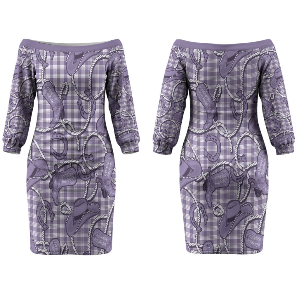 Purple Hawaii Palaka Cowboy Couples Matching Off The Shoulder Long Sleeve Dress and Long Sleeve Button Shirt Hawaiian Paniolo Festival Spirit