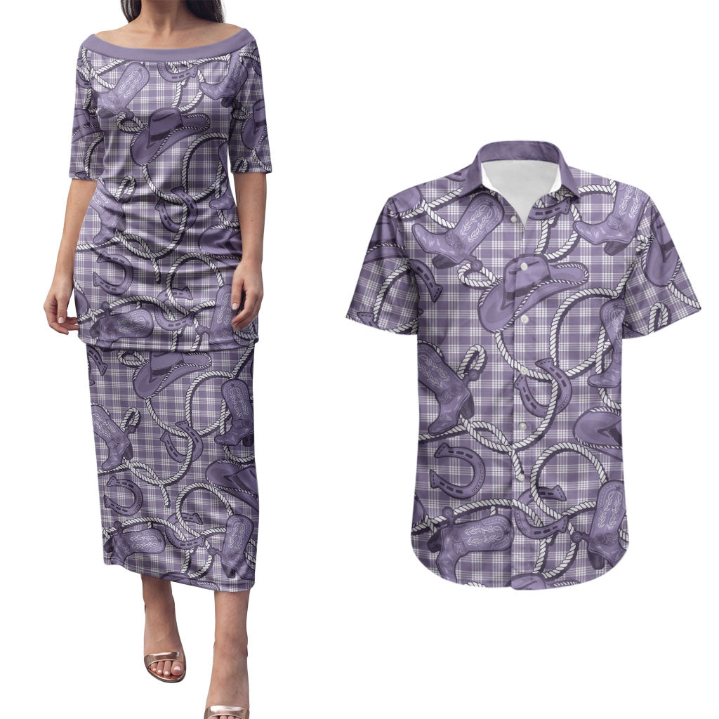 Purple Hawaii Palaka Cowboy Couples Matching Puletasi and Hawaiian Shirt Hawaiian Paniolo Festival Spirit
