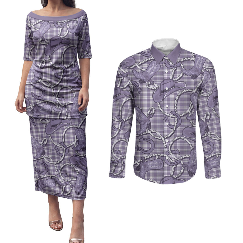 Purple Hawaii Palaka Cowboy Couples Matching Puletasi and Long Sleeve Button Shirt Hawaiian Paniolo Festival Spirit