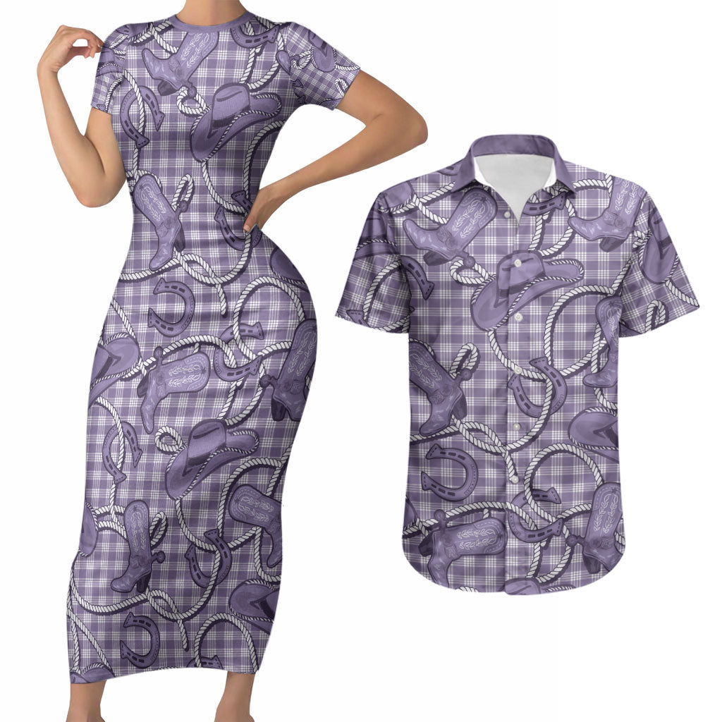 Purple Hawaii Palaka Cowboy Couples Matching Short Sleeve Bodycon Dress and Hawaiian Shirt Hawaiian Paniolo Festival Spirit