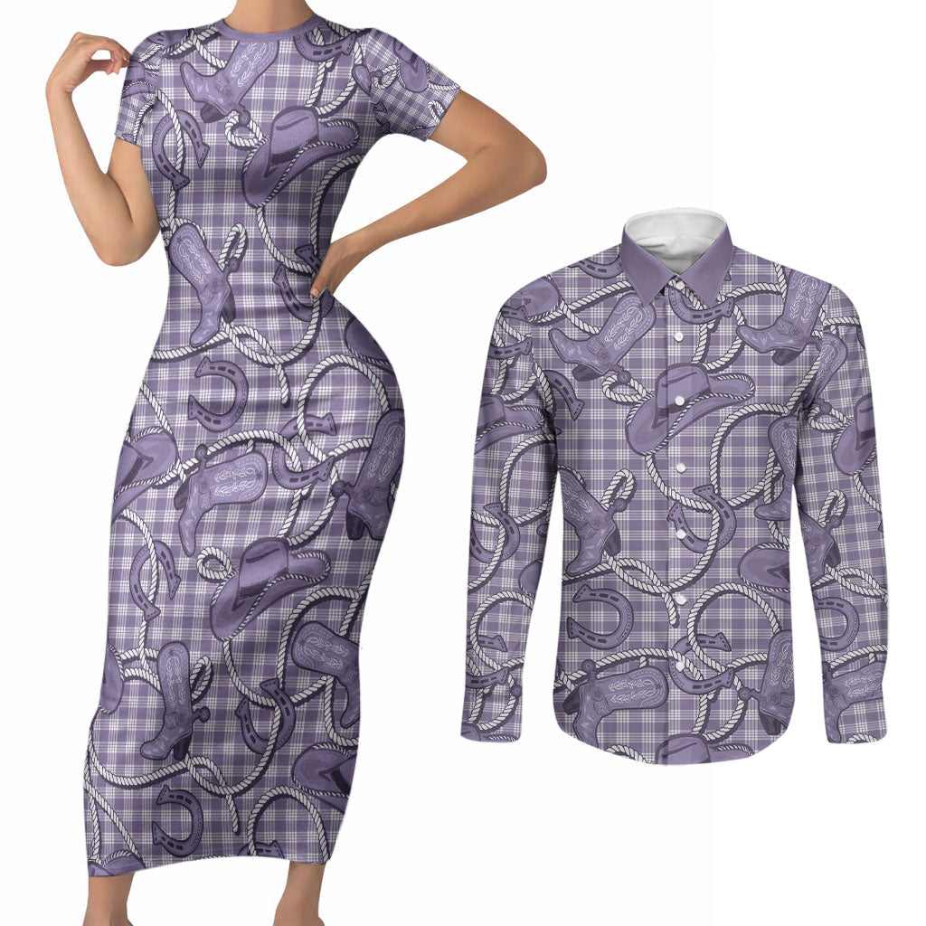 Purple Hawaii Palaka Cowboy Couples Matching Short Sleeve Bodycon Dress and Long Sleeve Button Shirt Hawaiian Paniolo Festival Spirit LT19 Purple - Polynesian Pride