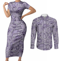 Purple Hawaii Palaka Cowboy Couples Matching Short Sleeve Bodycon Dress and Long Sleeve Button Shirt Hawaiian Paniolo Festival Spirit