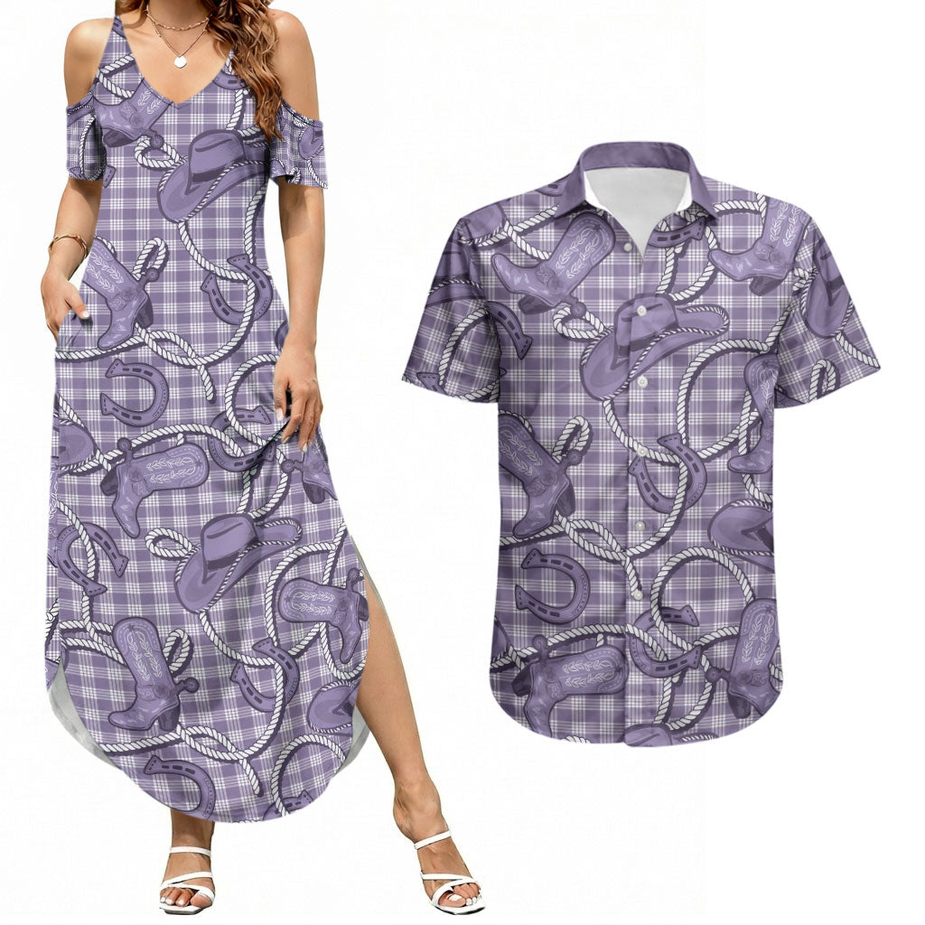 Purple Hawaii Palaka Cowboy Couples Matching Summer Maxi Dress and Hawaiian Shirt Hawaiian Paniolo Festival Spirit