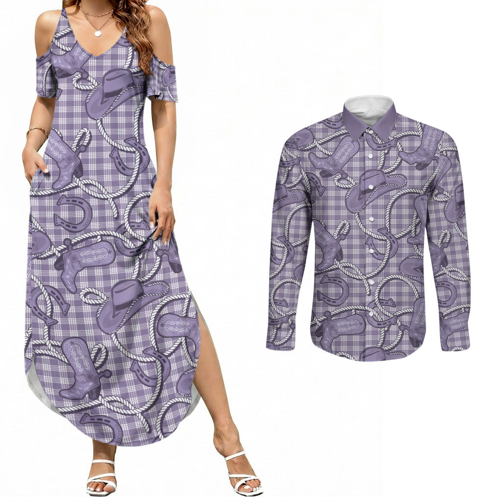 Purple Hawaii Palaka Cowboy Couples Matching Summer Maxi Dress and Long Sleeve Button Shirt Hawaiian Paniolo Festival Spirit LT19 Purple - Polynesian Pride