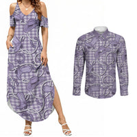 Purple Hawaii Palaka Cowboy Couples Matching Summer Maxi Dress and Long Sleeve Button Shirt Hawaiian Paniolo Festival Spirit