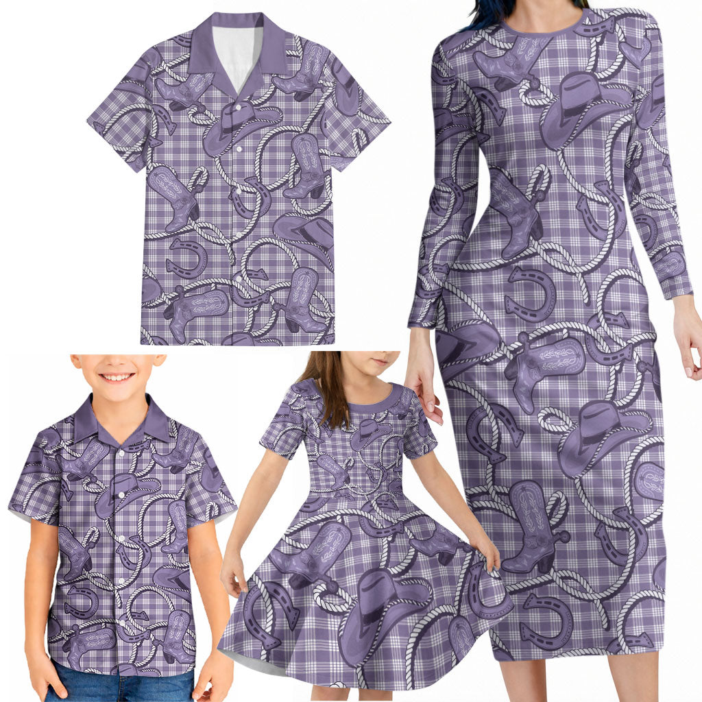Purple Hawaii Palaka Cowboy Family Matching Long Sleeve Bodycon Dress and Hawaiian Shirt Hawaiian Paniolo Festival Spirit