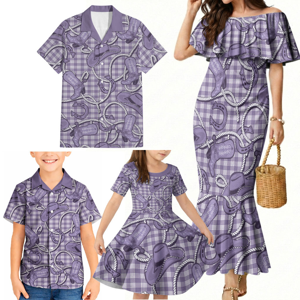 Purple Hawaii Palaka Cowboy Family Matching Mermaid Dress and Hawaiian Shirt Hawaiian Paniolo Festival Spirit