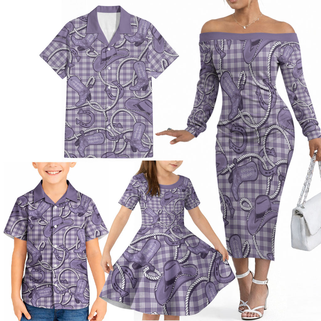 Purple Hawaii Palaka Cowboy Family Matching Off The Shoulder Long Sleeve Dress and Hawaiian Shirt Hawaiian Paniolo Festival Spirit LT19 - Polynesian Pride