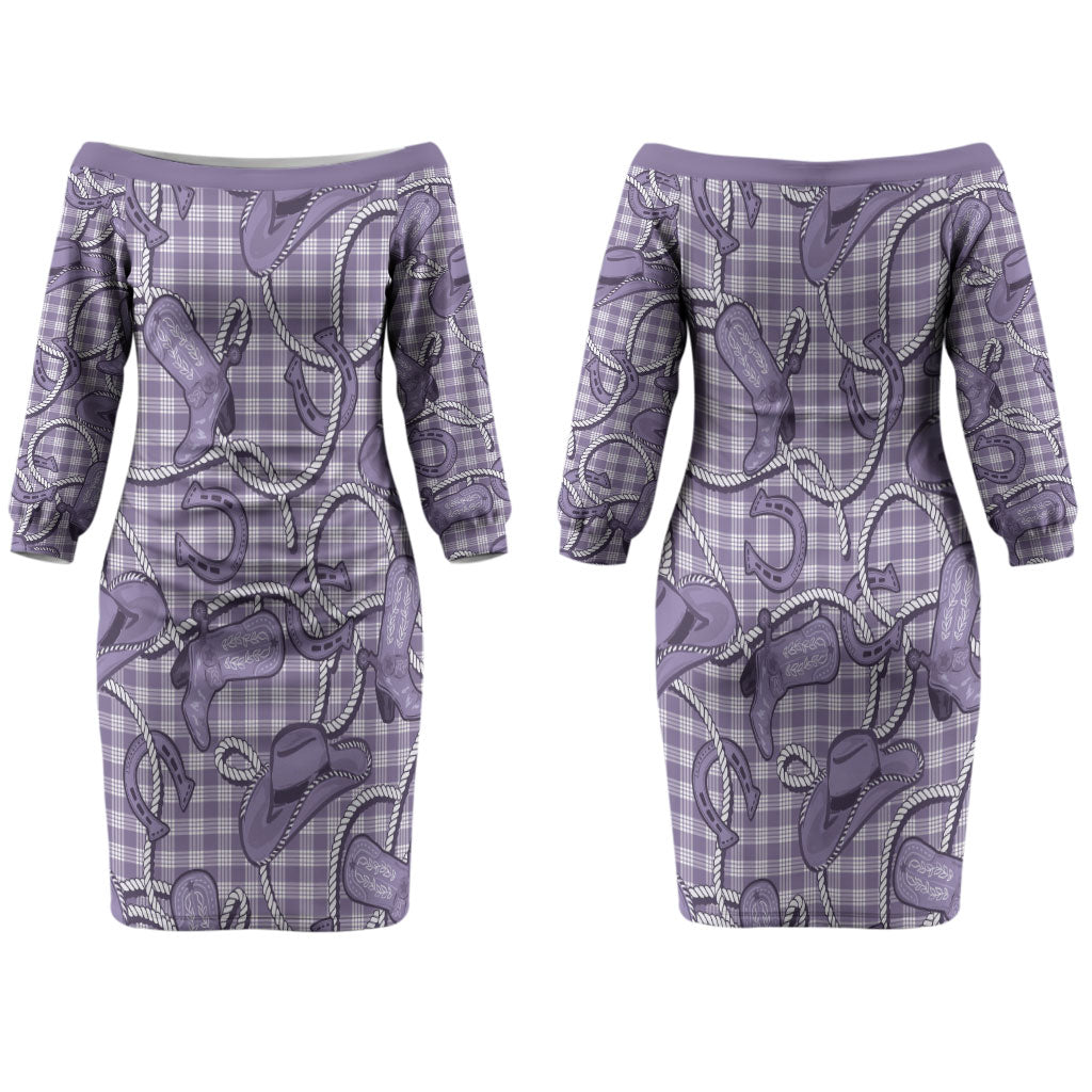 Purple Hawaii Palaka Cowboy Family Matching Off The Shoulder Long Sleeve Dress and Hawaiian Shirt Hawaiian Paniolo Festival Spirit
