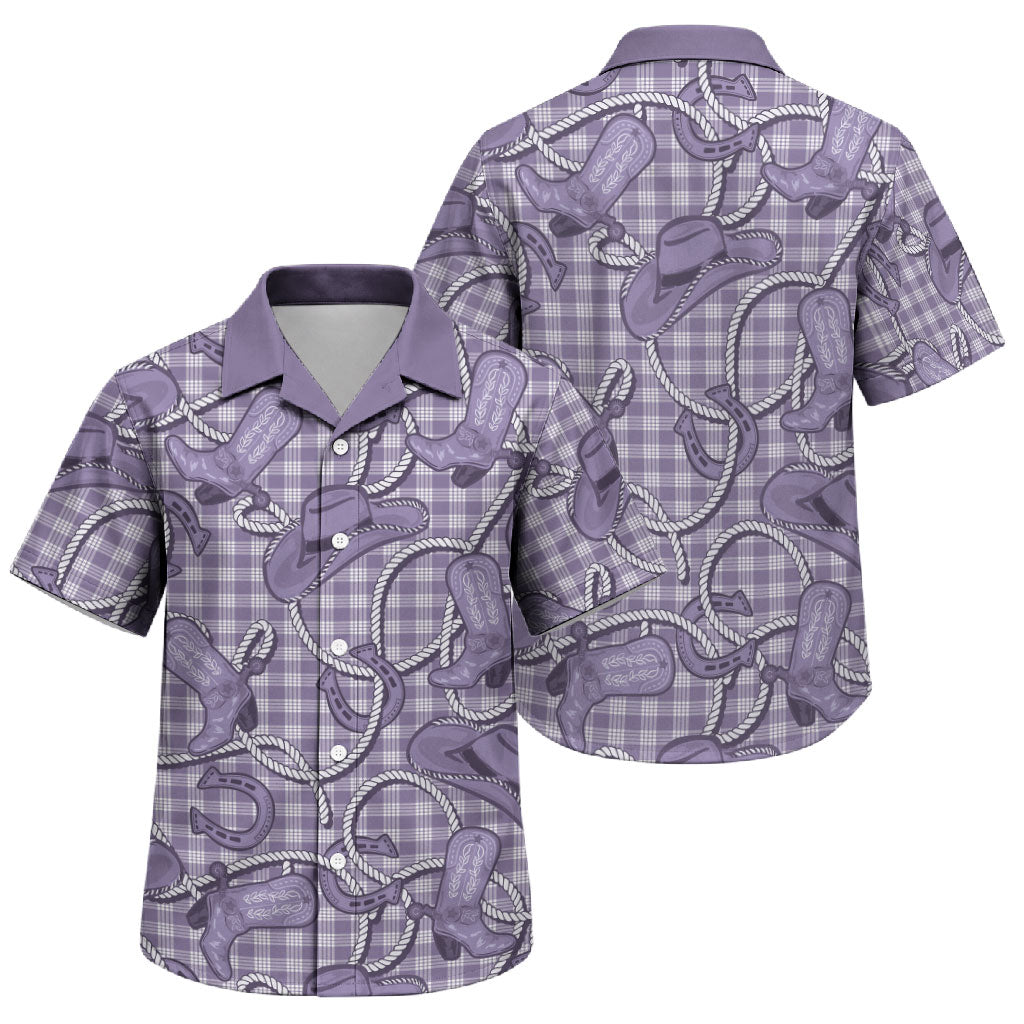 Purple Hawaii Palaka Cowboy Family Matching Off The Shoulder Long Sleeve Dress and Hawaiian Shirt Hawaiian Paniolo Festival Spirit