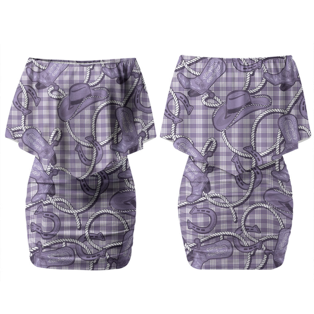 Purple Hawaii Palaka Cowboy Family Matching Off Shoulder Short Dress and Hawaiian Shirt Hawaiian Paniolo Festival Spirit