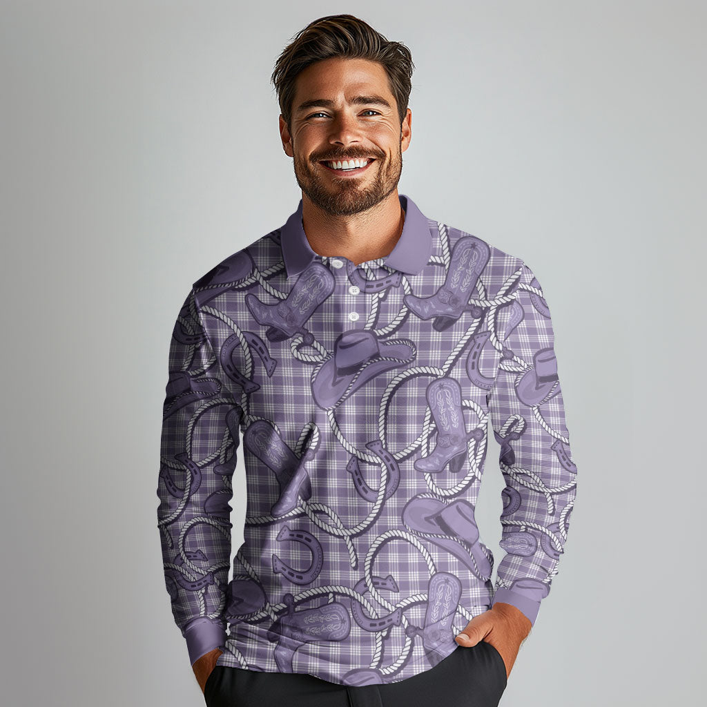 Purple Hawaii Palaka Cowboy Long Sleeve Polo Shirt Hawaiian Paniolo Festival Spirit
