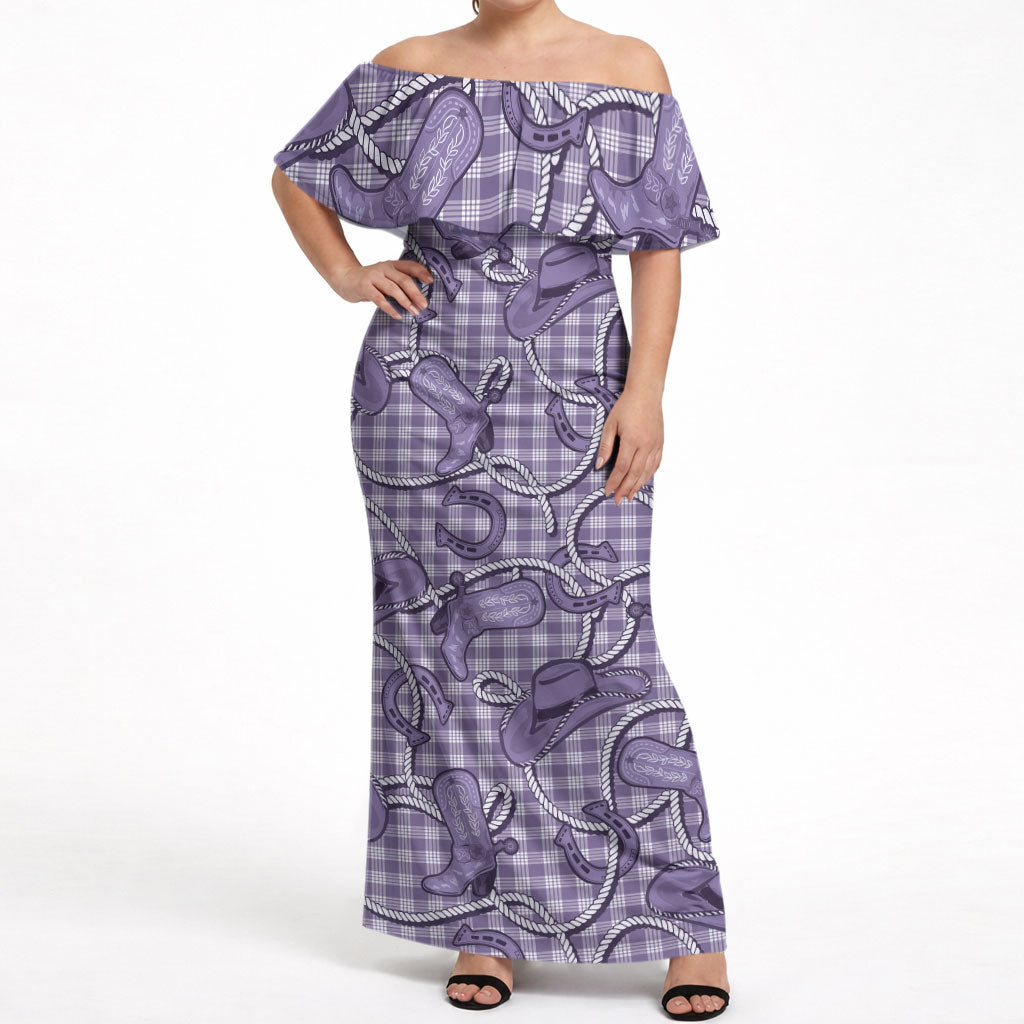 Purple Hawaii Palaka Cowboy Off Shoulder Maxi Dress Hawaiian Paniolo Festival Spirit