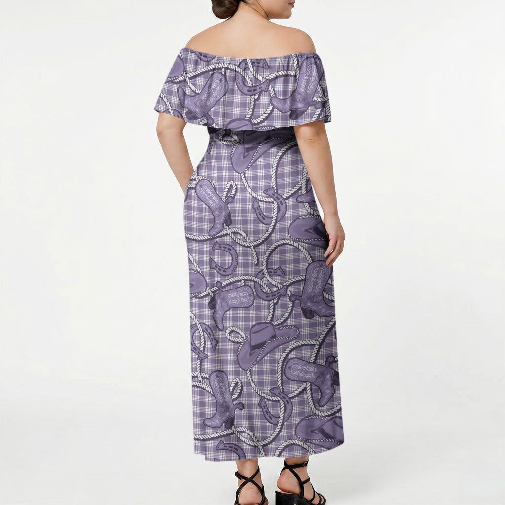 Purple Hawaii Palaka Cowboy Off Shoulder Maxi Dress Hawaiian Paniolo Festival Spirit