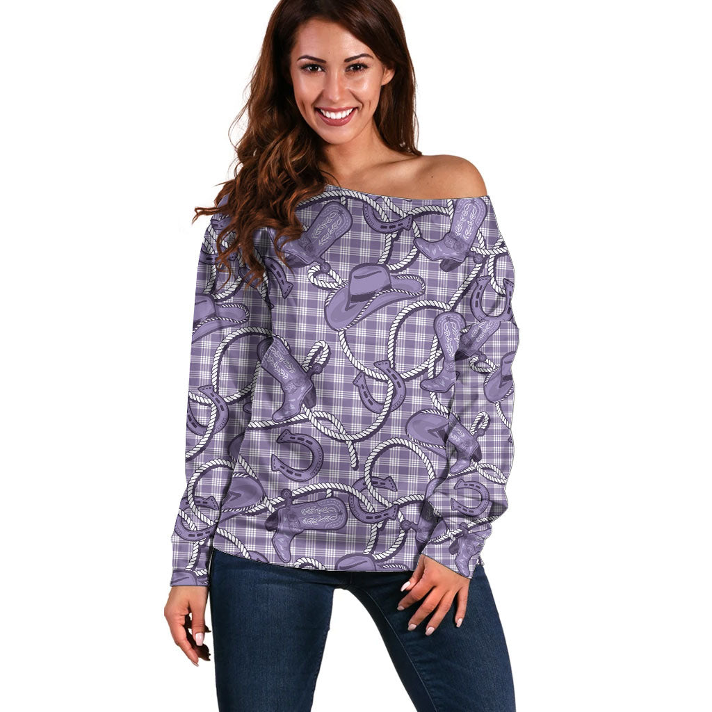 Purple Hawaii Palaka Cowboy Off Shoulder Sweater Hawaiian Paniolo Festival Spirit
