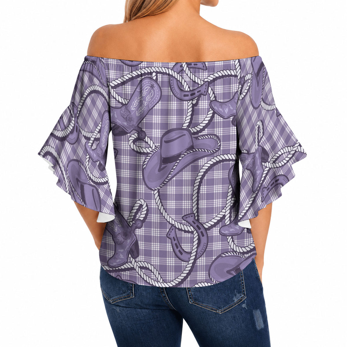 Purple Hawaii Palaka Cowboy Off Shoulder Wrap Waist Top Hawaiian Paniolo Festival Spirit