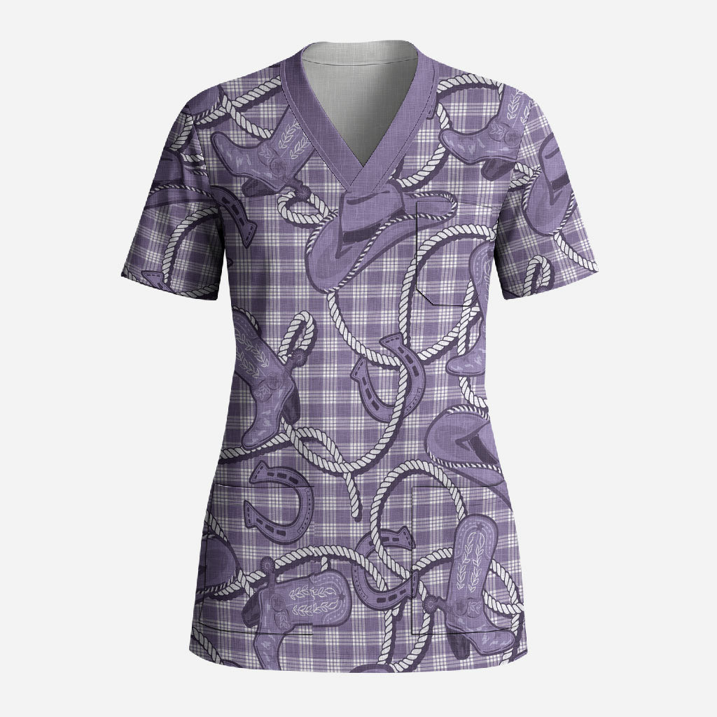 Purple Hawaii Palaka Cowboy Scrub Top Hawaiian Paniolo Festival Spirit